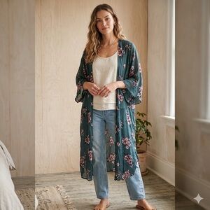 Altar'd State Kimono dark teal with pink floral design